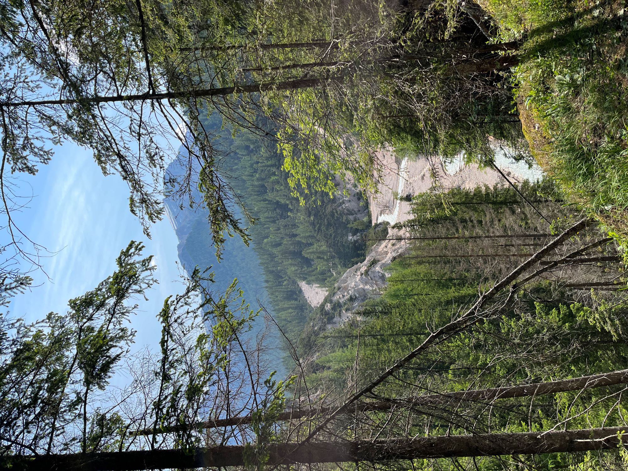 Blicks in eine Schlucht mit den fesligen Bergen im Hintergrund (Dolomiten)
